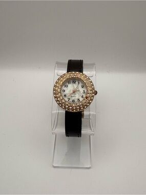 Gold‎ & Crystal Bezel Black Strap Mother of Pearl Dial Quartz Watch